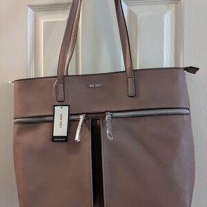 Nine West Beige Leather Tote with Front Zip Pockets
